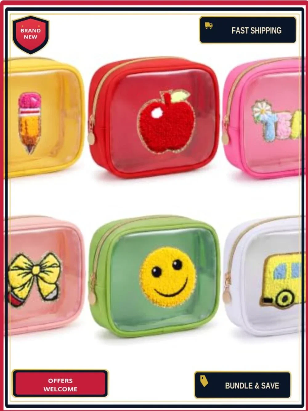 6 Clear Pencil Bags Embroidered PVC Zipper Cosmetic Pouches Back to School Set